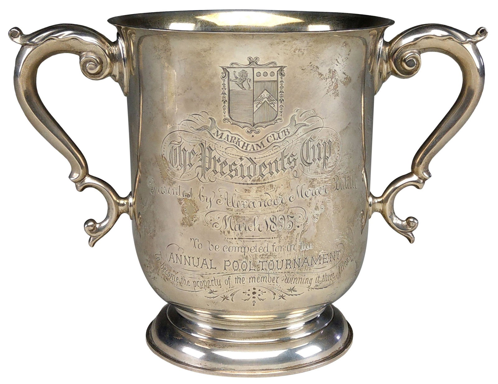 Dominick & Haff Sterling Silver Trophy for the Markham: Dominick & Haff Sterling Silver Trophy for the Markham Club's Annual Pool Tournament circa 1895 impressed with firms mark and "Sterling / 150, 2 1/2 Pints / 925" 6 in. high 20 troy ounces