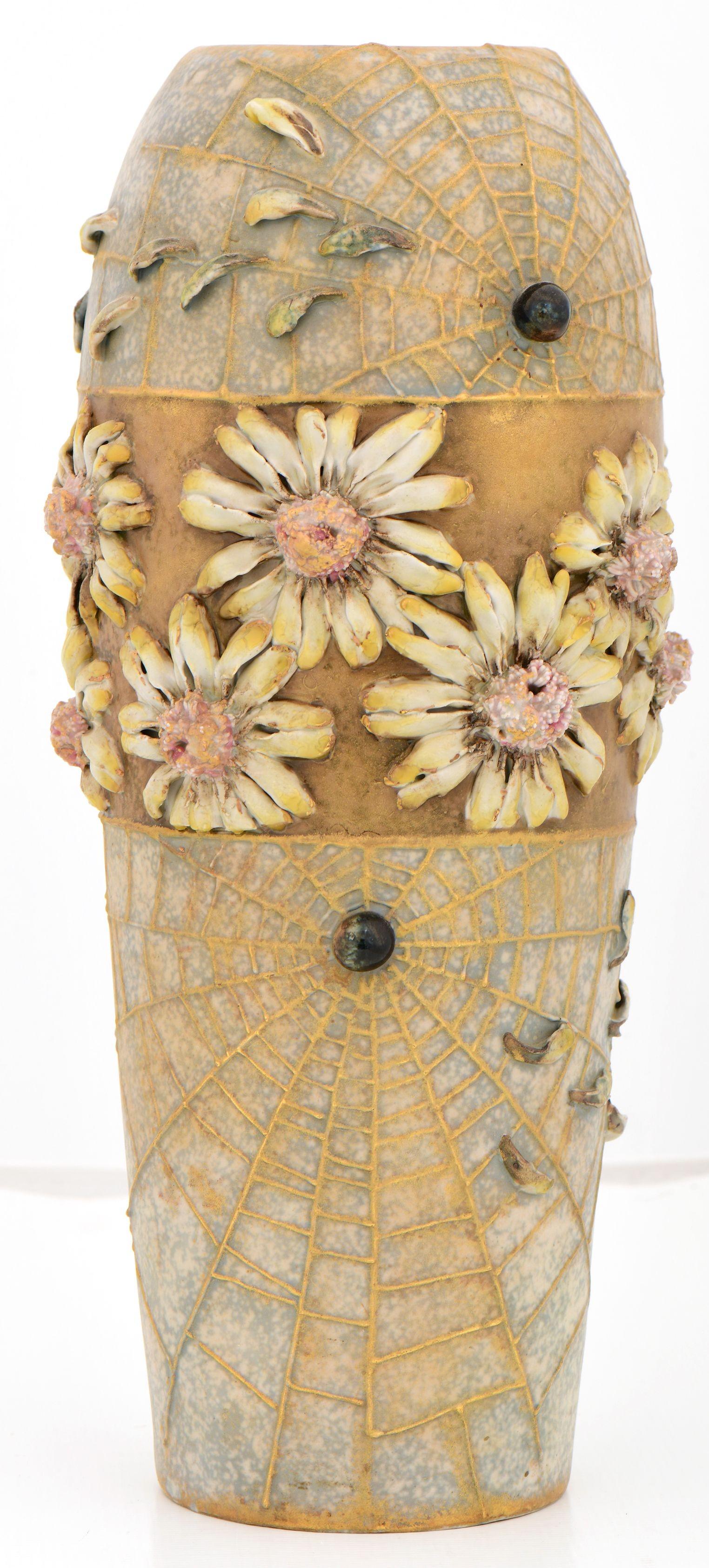 Austrian Amphora Pottery Vase with Spiderwebs &: Austrian Amphora Pottery Vase with Spiderwebs & Sunflowerscirca 1900marked "Amphora, Austria"17 x 7 1/2 inches