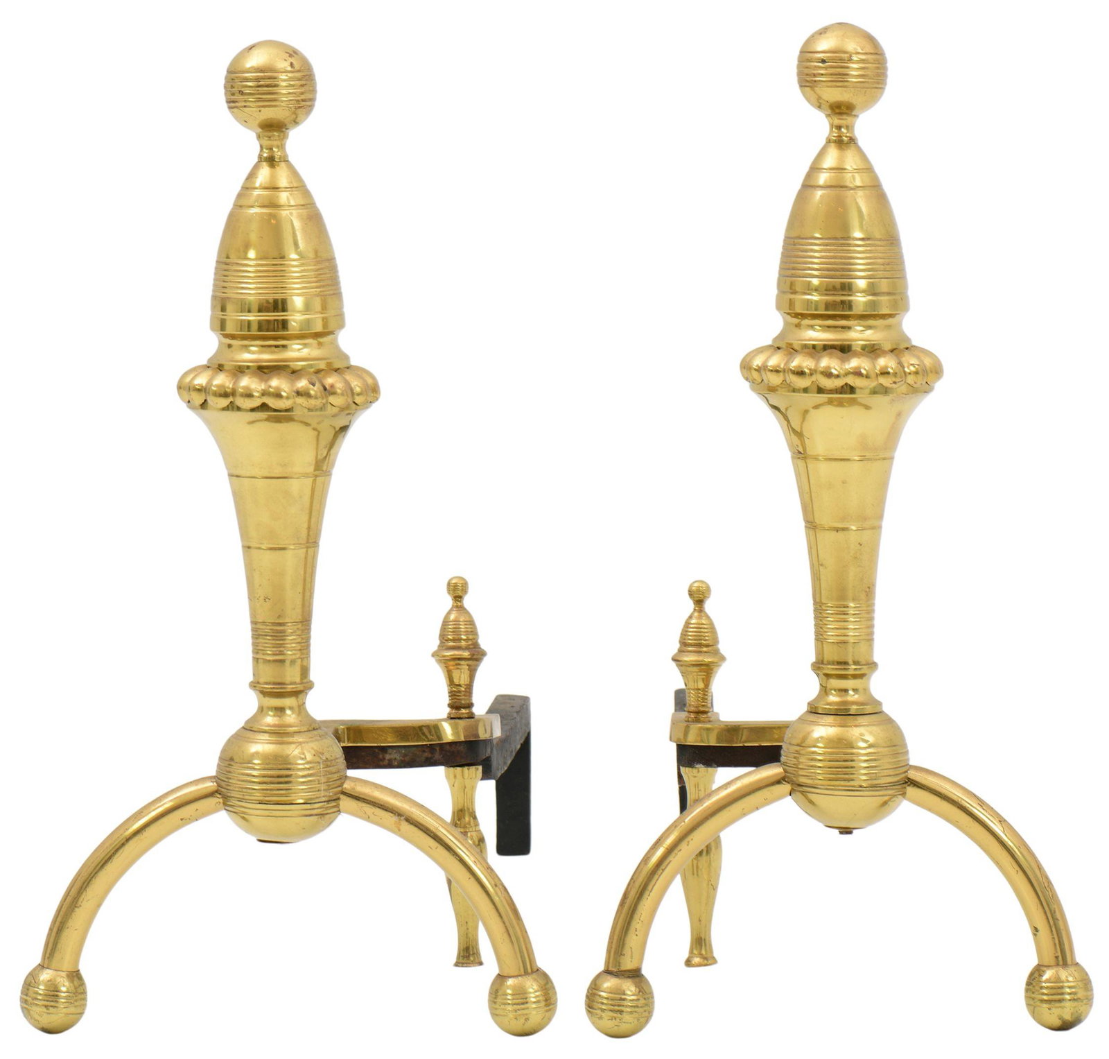Pair of Aesthetic Movement Brass Andirons: Pair of Aesthetic Movement Brass Andirons circa 1875 18 1/2 x 10 1/2 x 20 inches