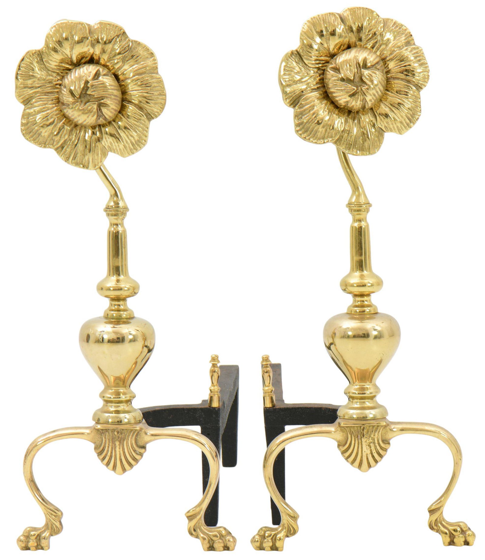 Pair of Aesthetic Movement Brass Andirons: Pair of Aesthetic Movement Brass Andirons circa 1875 20 x 8 1/4 x 19 inches