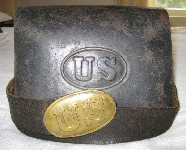 Union Army Infantry Belt w/ US Insignia Logo: Union Army Infantry Belt w/ US Insignia Logo – Very nice example of a worn US Amy issue belt with distinctive Insignia Buckle. Insignia is bright and clear, and in excellent shape for being battle w