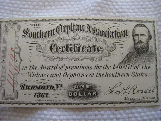 Southern Orphan Association Certificate: Southern Orphan Association Certificate – Printed in 1867 and bearing the likeness of Confederate hero Thomas “Stonewall” Jackson, this original certificate provides a small benefit to the beare
