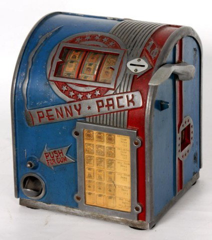 Vintage Penny Pack Gum Slot Machine: Vintage Penny Pack Gum 1 Cent Slot Machine. Has good old red & blue paint, in working condition. Missing key; 11H x 10" x 8""