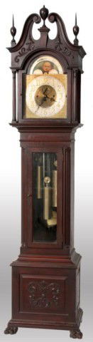 Bawo & Dotter Makers Mahogany Grandfather Clock: Bawo & Dotter (Makers), Grandfather Clock. Mahogany case with broken arch bonnet and turned finials, beveled glass and claw feet. 11" Dial with applied Arabic numbers on the silvered chapter ring, sub