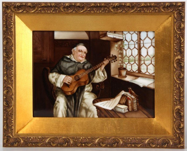 German Monk Painting On Porcelain: German Monk Painting On Porcelain. Unsigned, hand painted scene of monk playing a guitar by the window; sheet music is propped on a stack of book with a small song bird standing on top. 6 1/2 x 9""