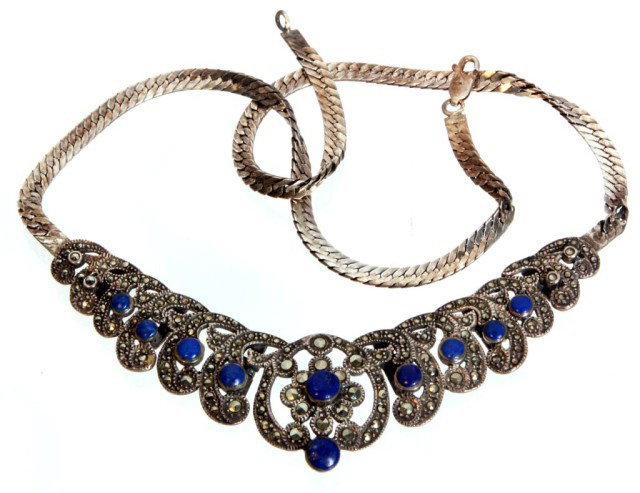 Silver & Marcasite Necklace: Silver & Marcasite Necklace with deep blue enamel. 18 Long, 1.07 oz"
