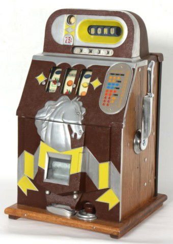 Mills Horsehead Bonus 25 Cent Slot Machine: Mills Horsehead Bonus 25 Cent Slot Machine. Good original paint, oak sides; complete w/ key, Serial No. 463580, Circa 1930. 26 x 16" x 15""