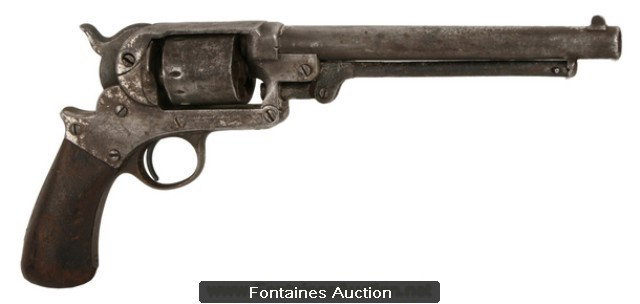 STARR ARMS CO. SA 1863 ARMY REVOLVER: "44 caliber 6 shot. Metal finish is rough with extensive pitting and wood grips are also a little rough and devoid of finish. What makes this pistol interesting is the stamping on the top strap “Rob