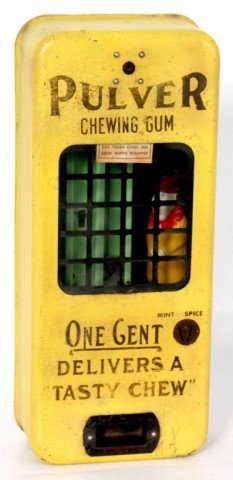 Pulver Animated Coin-Op Gum Machine: Pulver Animated Coin-Op 1 cent Gum Machine. Original yellow paint with black lettering; spring driven mechanism with a clown swivels when penny is inserted, 2 columns hold either mint or spice flavore