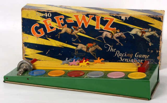 Gee-Wiz No. 40 Mechanical Racing Game: Gee-Wiz No. 40 Mechanical Racing Game in original box. Manufactured by the wolverine Supply & Mfg Co; the box is in good condition with some losses to the highpoints. 16 long"