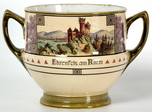 Mettlach Transfer Decorated Wine Cooler: Mettlach Transfer Decorated Wine Cooler. Olive green handles and base, transfer border with Ehrenfels Castle on one side and the city of Bacharach on the other side; with clusters of grapes around the