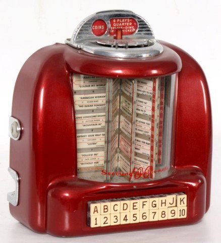 Seeburg Wall-O-Matic 100 M. 3W-1: Seeburg Wall-O-Matic 100 M. 3W-1. Metalic red paint with chrome mounts, red glass coin slot, 6 plays for a quarter, 2 for a dime and 1 for a nickel. 100 tune selector; a nice wall mounted juke box cir
