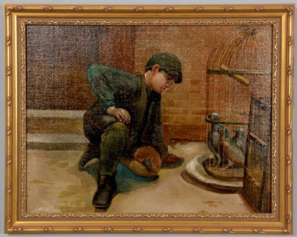 W. de Bruycker (1906) O/B Pigeon Keeper: W. de Bruycker - 1906 (German) O/B Pigeon Keeper. In very good clean condition, no rips, tears or paint loss; signed lower right. 21 x 27""