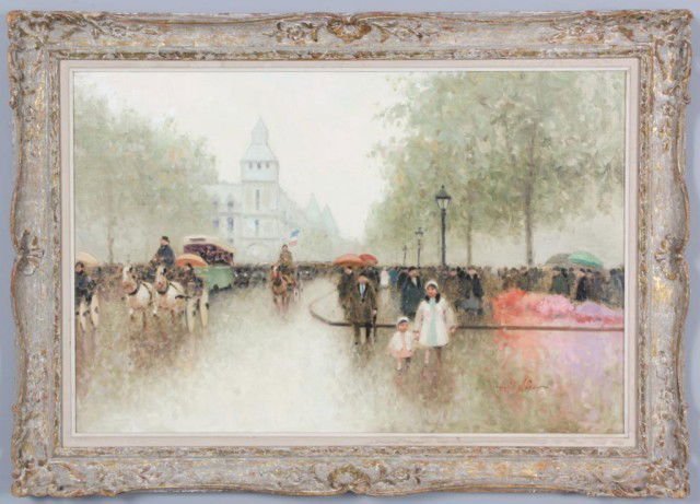 Andre Gisson O/C Paris Street Scene: Signed Andre Gisson (1921-2003) O/C Paris Street Scene. A wonderfully colored impressionist crowded street scene with cars and horse & buggies. In very good original condition, no losses or repairs. 2
