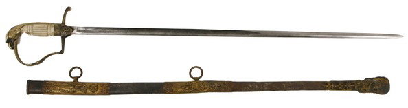 AMERICAN OFFICER'S SWORD - C. 1830'S: Early unsigned sword with a carved bone handle, brass eagle's head pommel and a brass 'D" shaped guard, complete with a lightly etched blade. Excellent condition, some light tarnish to the blade, mino