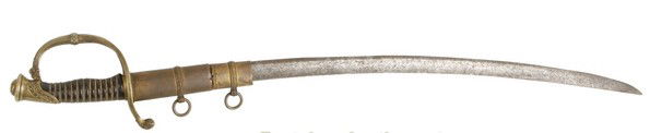 19TH CENTURY FRENCH OFFICER'S SHORT SABER: Possibly used by the Confederate States. Has a brass guard with single branch, wire wrapped leather handle, curved blade lightly etched with a single fuller; leaf molded hilt. Has the brass fittings f