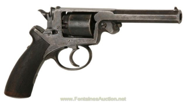 ADAMS REVOLVER, CONFEDERATE SWORD, LETTER: Group of three items- first is an English percussion revolver - Robert Adams 76 King William Street, London. 5 shot 36 caliber. Metal surfaces retain approximately 40% - 50% blue. Checkered grips are