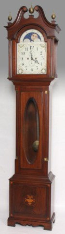 Bigelow & Kennard Mahogany Grandfather Clock: Bigelow & Kennard Mahogany Grandfather Clock. Hand painted moon phase dial with black arabic numbers on the chapter ring, sub seconds dial and sub calendar dial; fancy pierced hands. 2 Weight time and