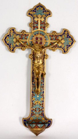 Ferdinand Barkdienne Enamel Champleve Crucifix: Ferdinand Barbedienne Enamel Champlevé Crucifix. Signed