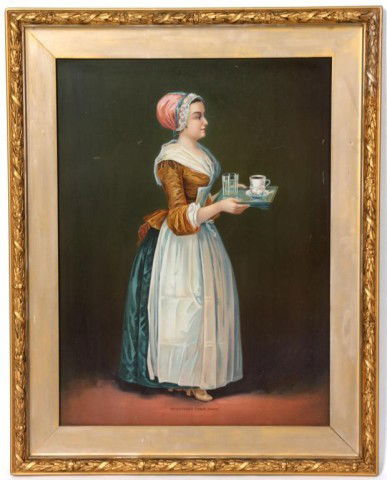 Tin Painted Advertising Sign: Tin Painted Advertising Sign. Full standing figure of a maid carrying a serving try with a cup of tea and a cup of water. Unmarked and unsigned, has a few small scratches in the background. 23 x 17""