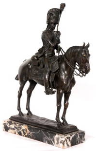 P. Tourgueneff Bronze Hussar on a Horse: Pierre Nicolas Tourgueneff (1854-1912, Russian) Hussar on a Horse. 24 x 15" x 5""