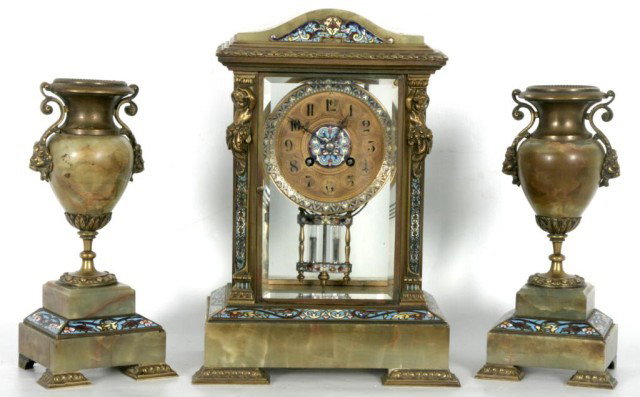 French Champleve & Onyx 3 Pc Clock Set: French Champleve & Onyx 3 Pc Clock Set. Fancy black hands, 4 metal dial w/ black Arabic numerals and champleve‚ center and bezel. Typical time & strike round brass movement signed "L'Marti 1889"; st