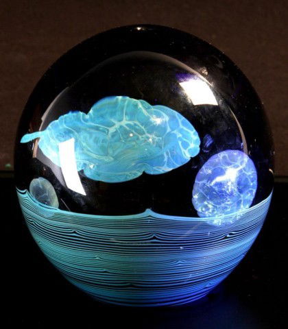 John Lewis 1975 Cobalt Moon Vase: John Lewis 1975 Cobalt Moon Vase. Beautiful artic nght background with light blue moons, waves and clouds; nice paperweight form vase. 5 H"