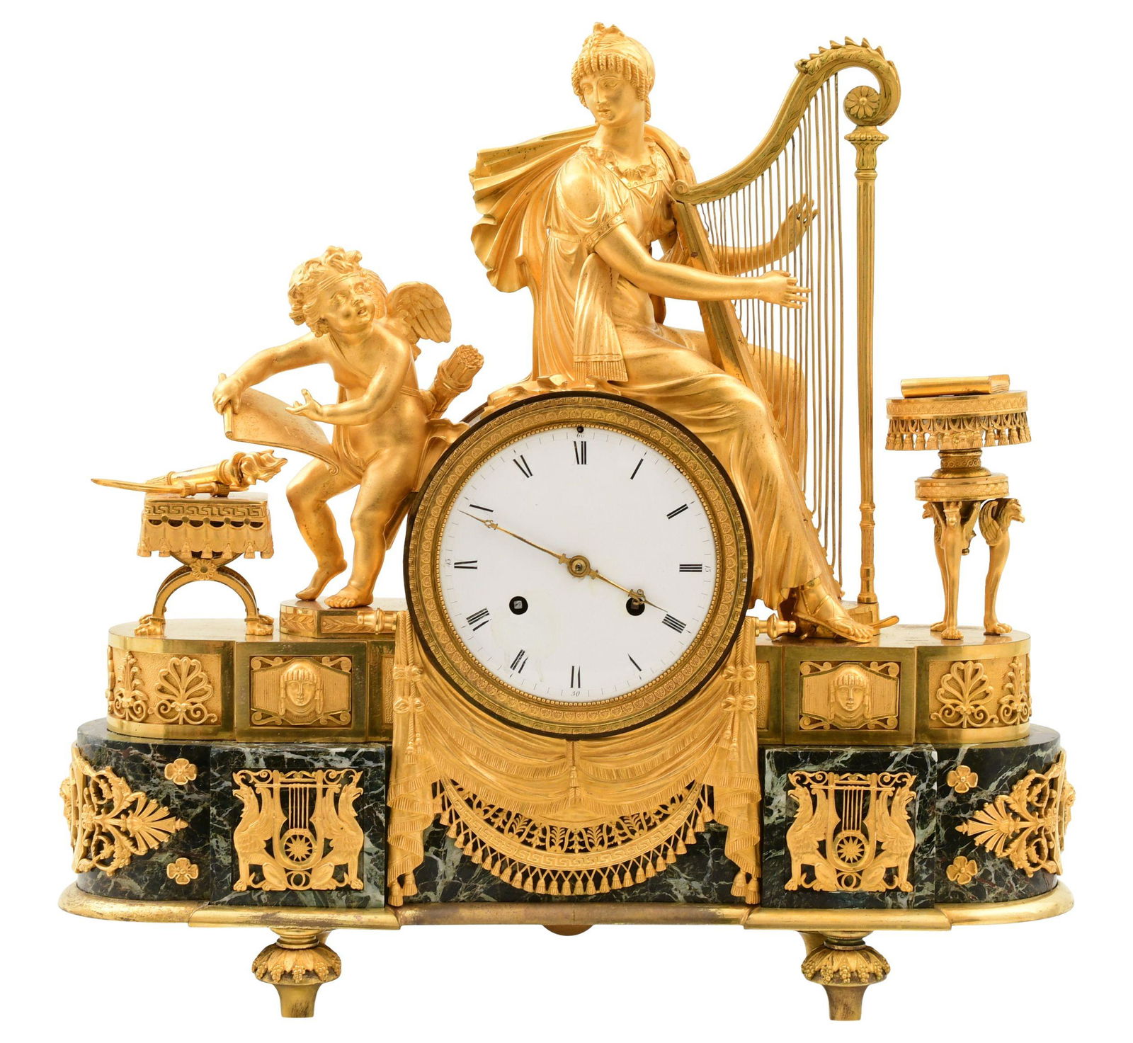 French Empire Gilt Bronze & Marble Figural Mantel Clock (1 of 13)