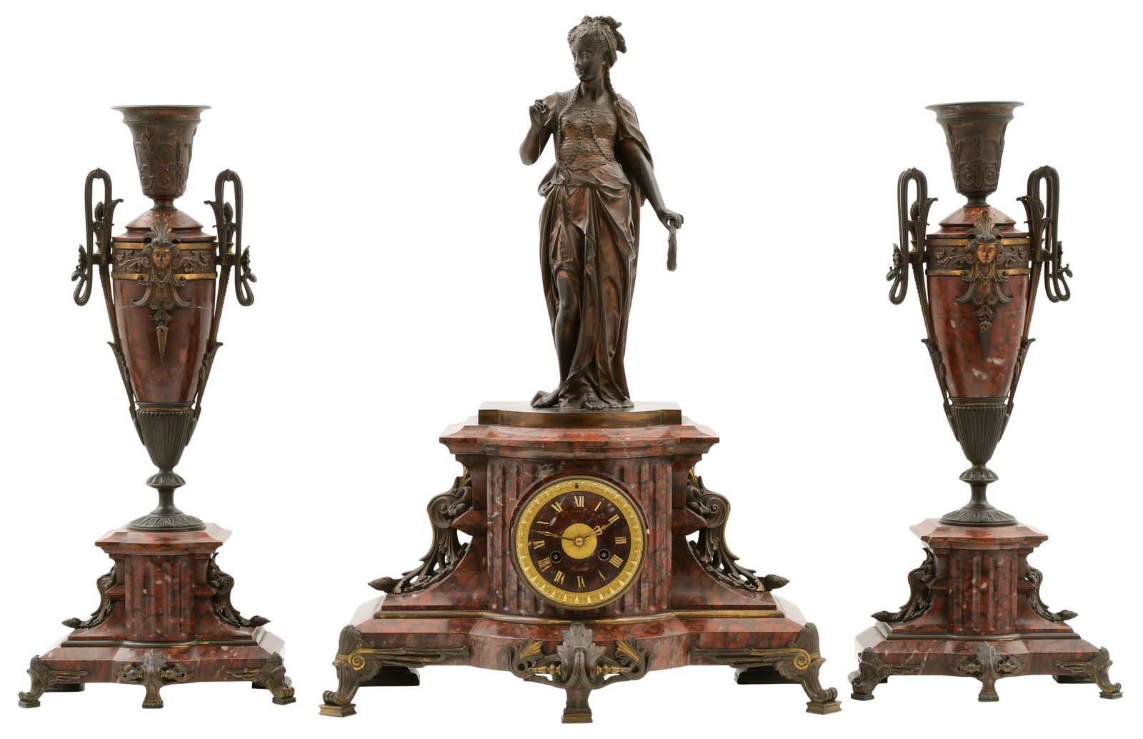 French Bronze & Rouge Marble Three-Piece Clock (1 of 12)