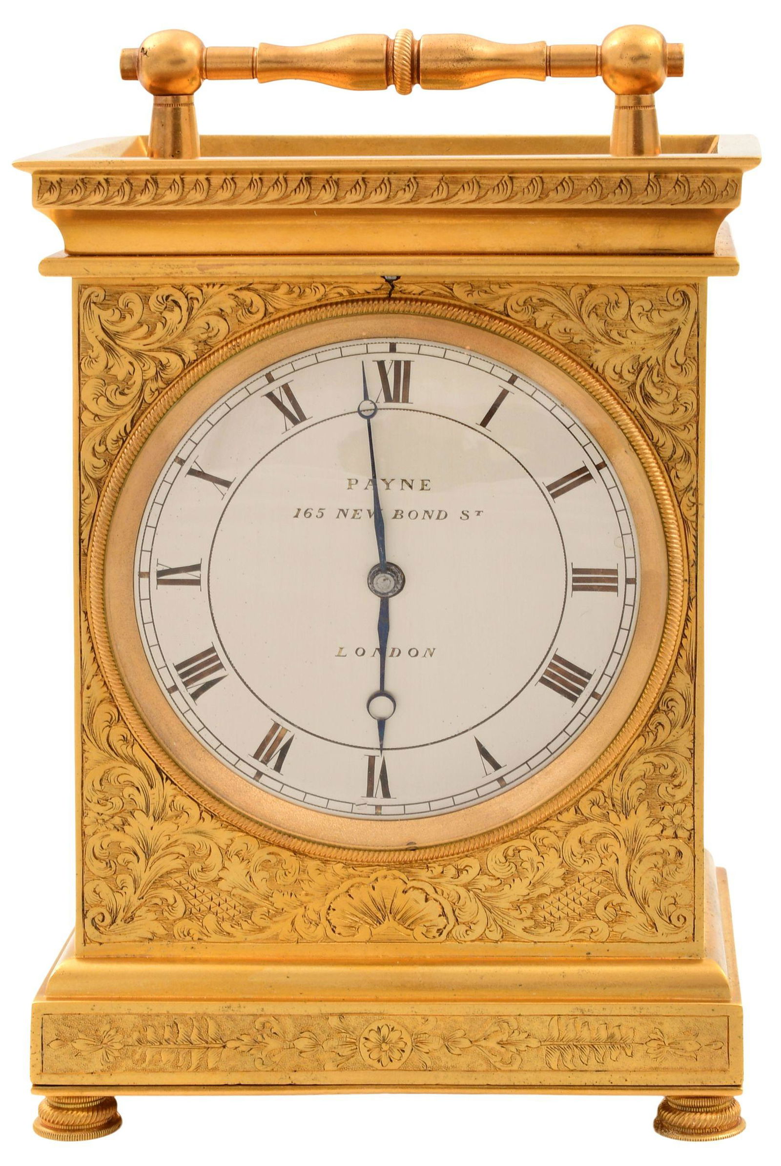 William Payne, London, Repeater Carriage Clock: William Payne, London, Repeater Carriage Clockmid-19th centuryengraved brass case with glass panel to view the escapement, 8-day time and strike movement with repeat function, dial signed "Payne, 165
