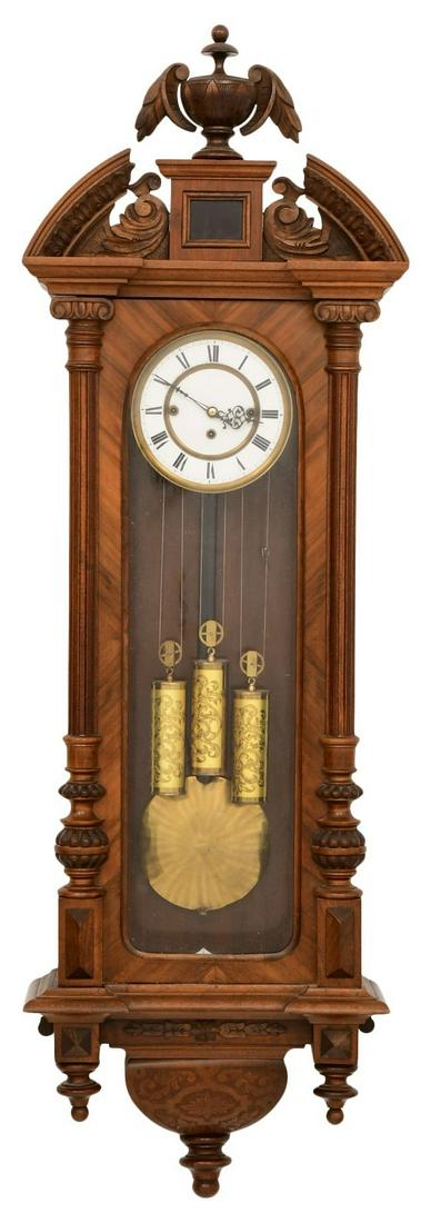Grand Sonnerie Three-Weight Vienna Regulator Clock: Grand Sonnerie Three-Weight Vienna Regulator Clocklate 19th centurymahogany veneer case with caved columns and embossed floral design on weights, 8-day brass weight driven movement with grand sonnerie