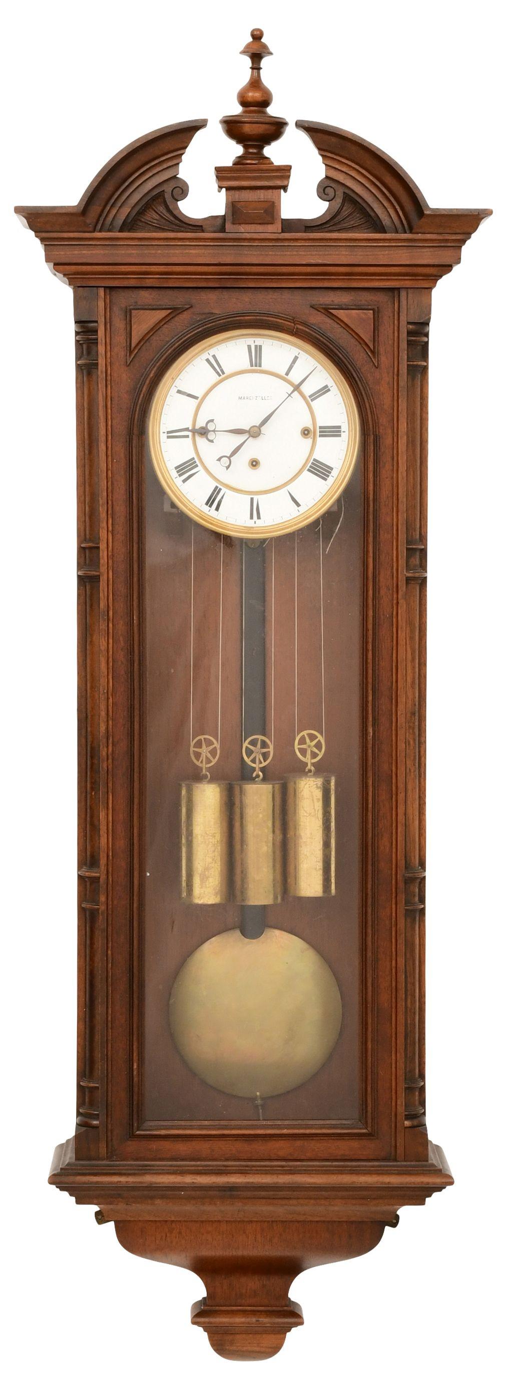 Marenzeller Alt Deutsch Three-Weight Vienna Regulator: Marenzeller Alt Deutsch Three-Weight Vienna Regulator Clocklate 19th centurywalnut case with turned columns and pediment top, 8-day brass movement with grand sonnerie strike, dial signed "Marenze