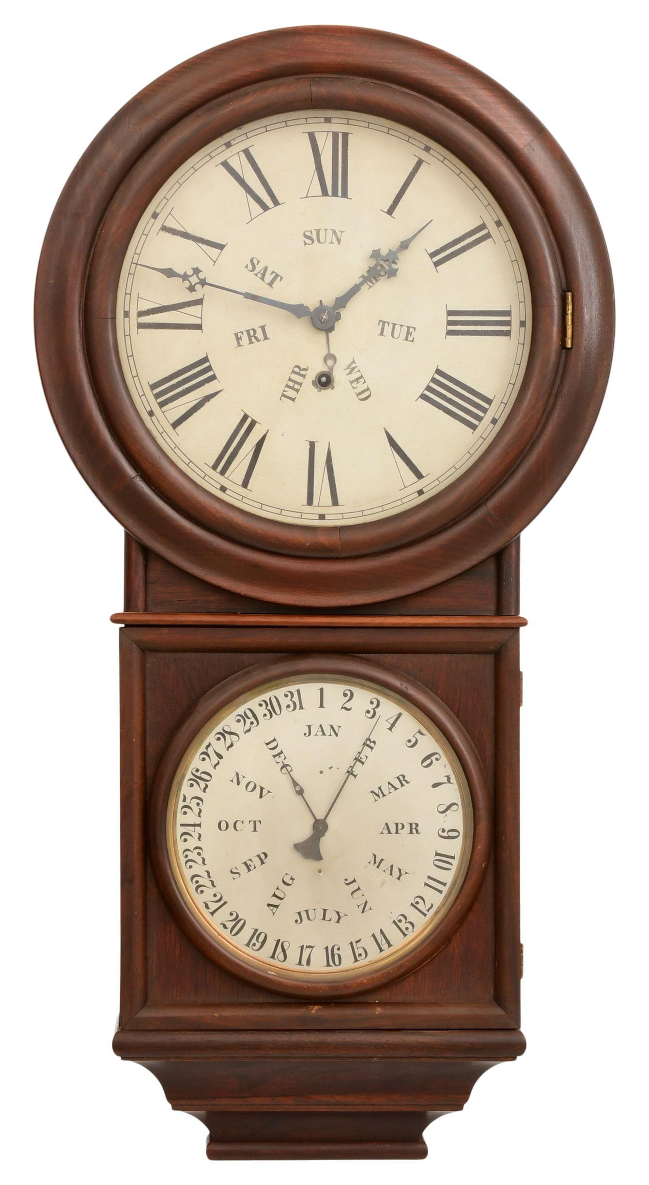 Welch Spring & Co. No. 4 Round Head Regulator Calendar: Welch Spring & Co. No. 4 Round Head Regulator Calendar Clockcirca 1878mahogany with grain painted bezels, 8-day time only movement with club tooth escapement, movement signed "E.N. Welch, Forestv
