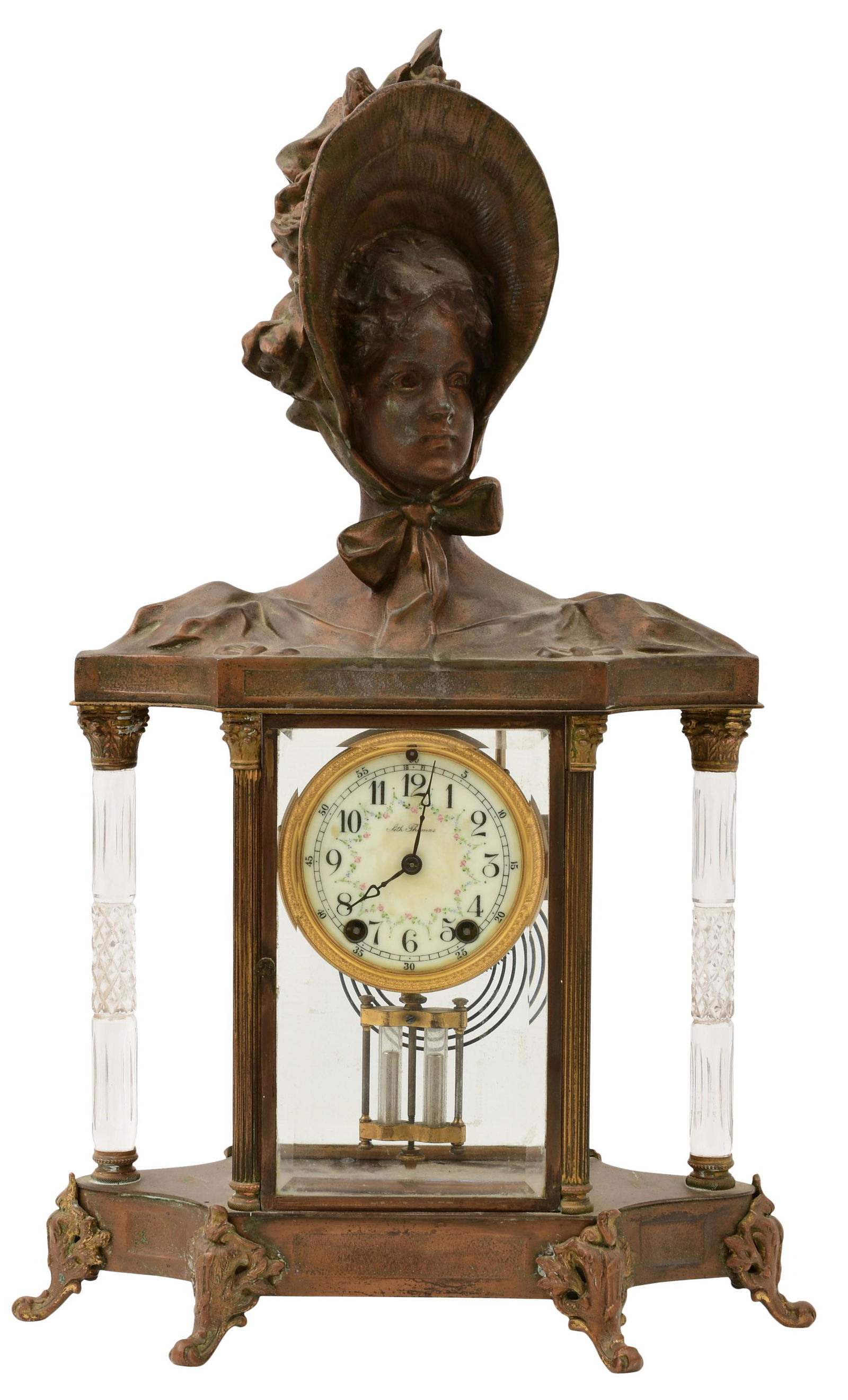 Seth Thomas "Empire No. 31" Crystal Regulator Clock: Seth Thomas "Empire No. 31" Crystal Regulator Clockcirca 1906the case with surmounted bust, beveled glass panels and cut glass columns, 8-day brass time only movement with simulated mercury