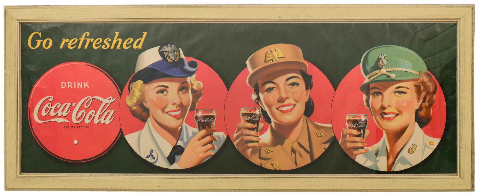 Coca-Cola WW2 Era Advertising Poster: Coca-Cola WW2 Era Advertising Poster circa 1941-1945 the poster with three woman in military uniforms 23 3/4 x 60 1/2 inches (frame) 19 1/2 x 56 1/4 inches (inside)