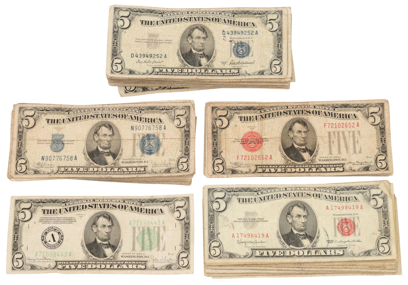 171 Five-Dollar Bills: 171 Five-Dollar Billscomprising: 147 Blue Seal, 1 Green Seal and 23 Red Seal