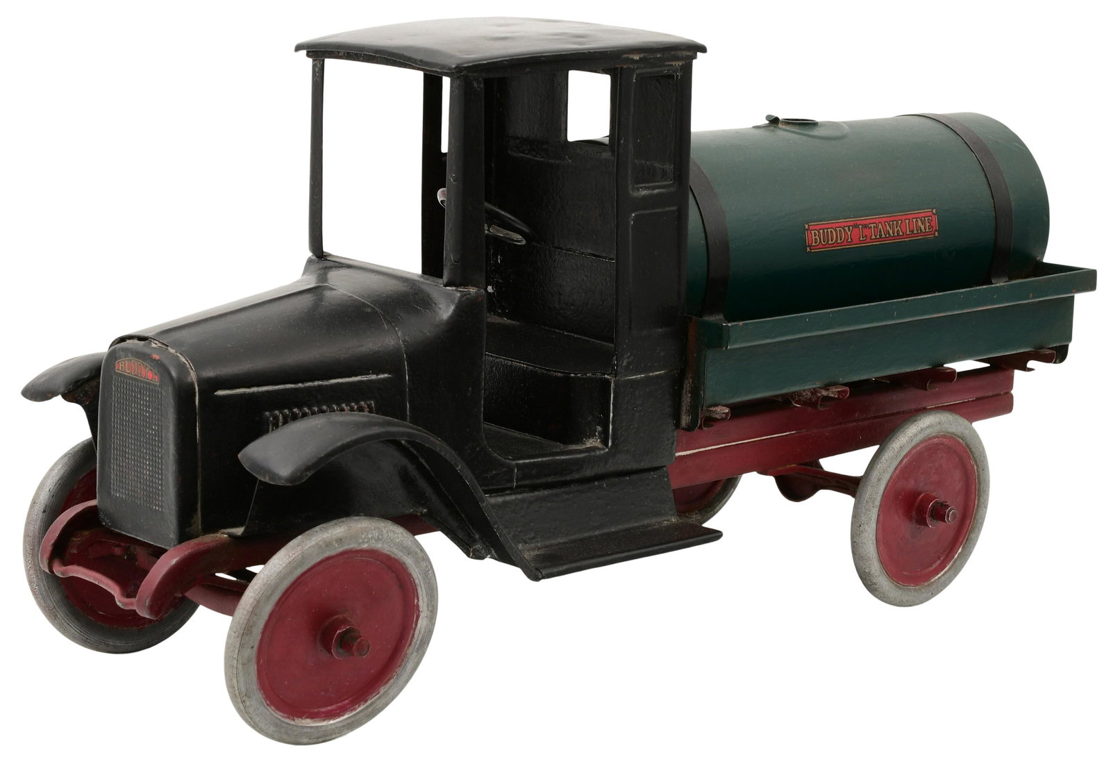 Buddy "L" Tank Line Truck by Moline Pressed Steel Co.: Buddy "L" Tank Line Truck by Moline Pressed Steel Co. early 20th century signed with decal in front of seat 12 x 25 1/2 x 8 1/2 inches