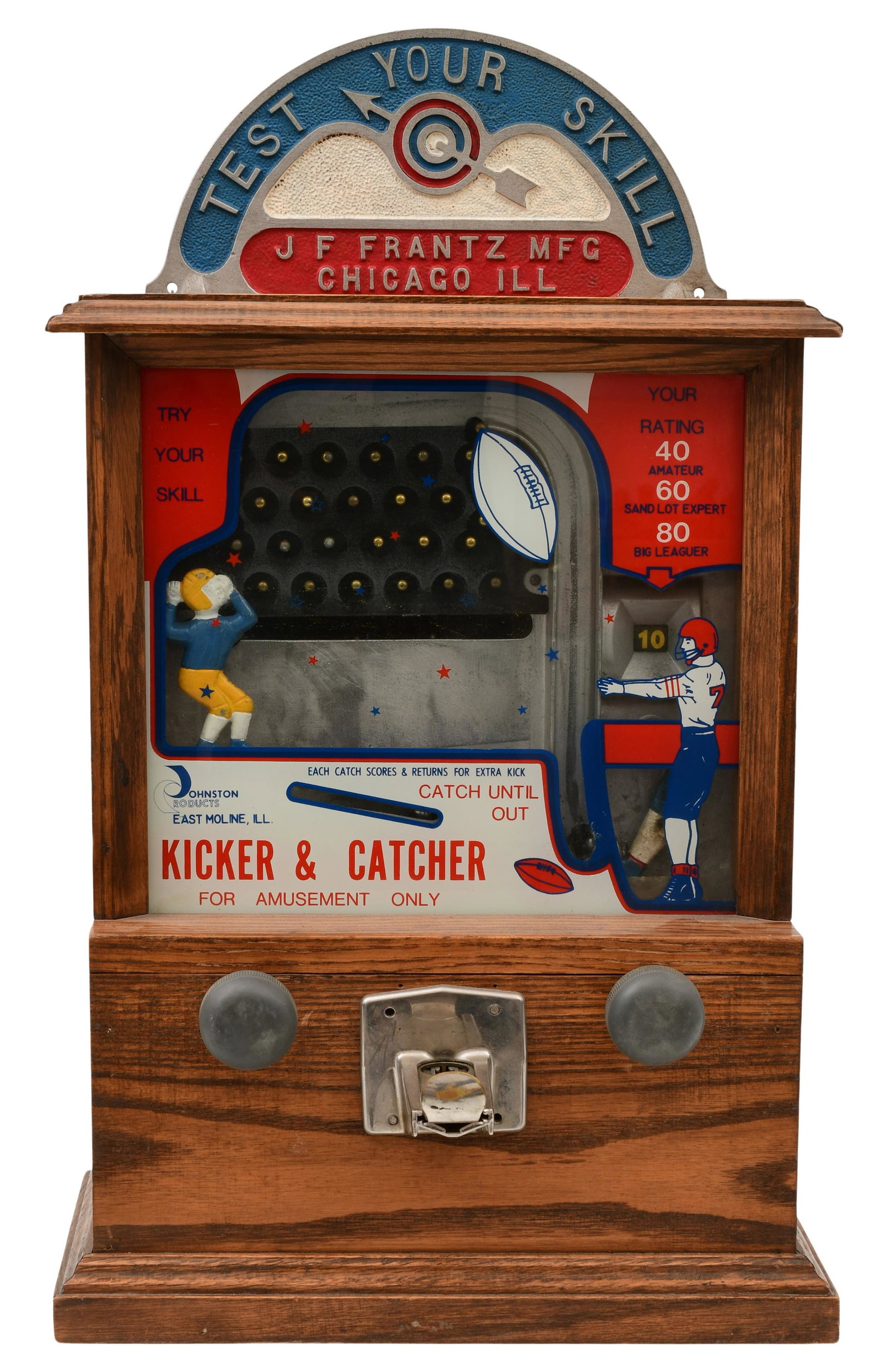 J.F. Frantz Mfg. Co. "Kicker & Catcher" Coin-Op Game: J.F. Frantz Mfg. Co. "Kicker & Catcher" Coin-Op GameChicago, Illinois, circa 1940signed with metal tag, model 400, serial number 8405025 x 15 x 11 3/4 inches