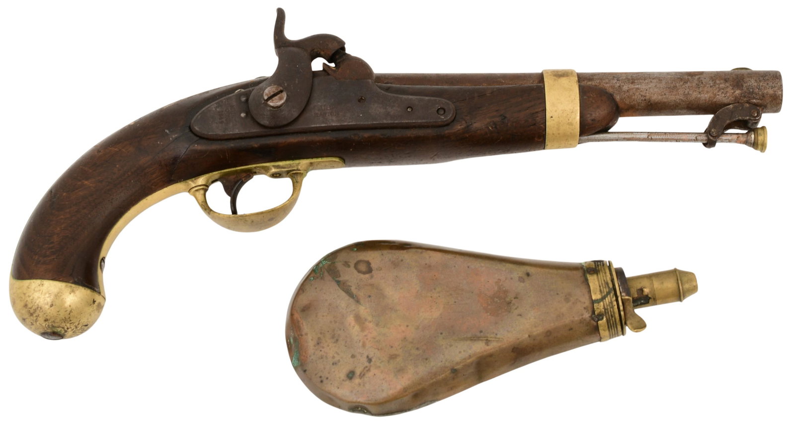 U.S. Haston Model 1842 Percussion Pistol with Powder Flask: U.S. Haston Model 1842 Percussion Pistol with Powder Flask circa 1849 marked "U.S. Haston / Middtn, Conn. / 1849" 14 1/4 in. long (pistol) 7 1/2 in. long (powder flask)