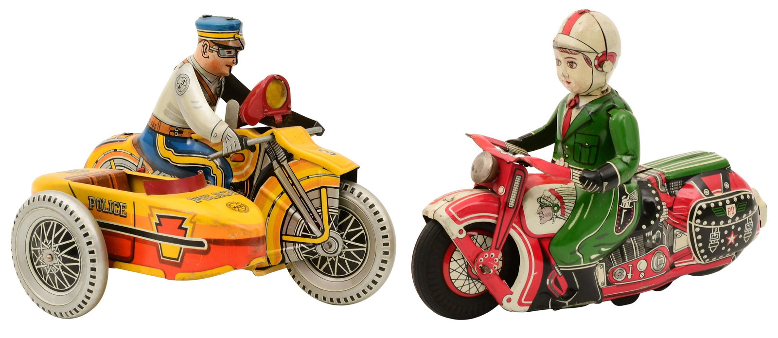 Two Louis Marx & Co. Police Motorcycle Tin Wind-Up Toys: Two Louis Marx & Co. Police Motorcycle Tin Wind-Up Toysmid-20th centuryeach signed with firm's mark5 1/2 x 8 1/2 x 6 1/4 inches (largest)