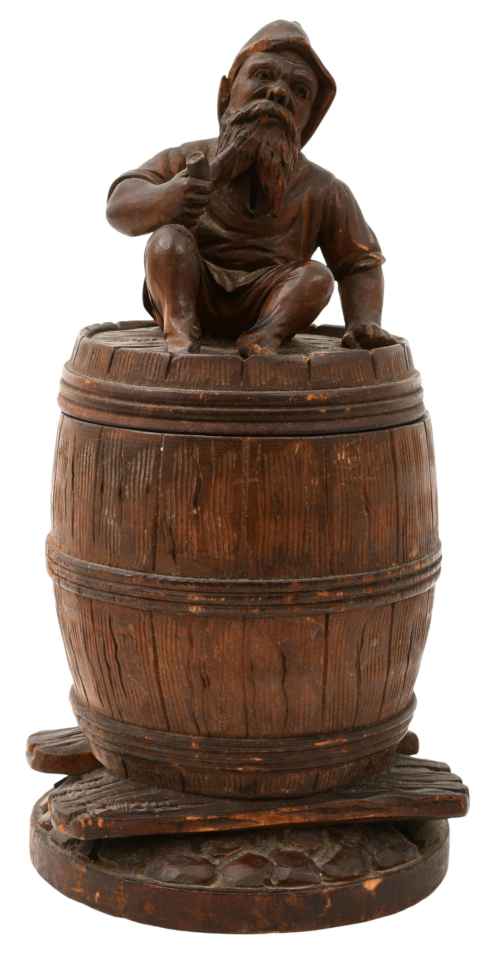 Black Forest Carved Humidor with Gnome on Barrel: Black Forest Carved Humidor with Gnome on Barrel early 20th century 9 x 4 3/4 inches