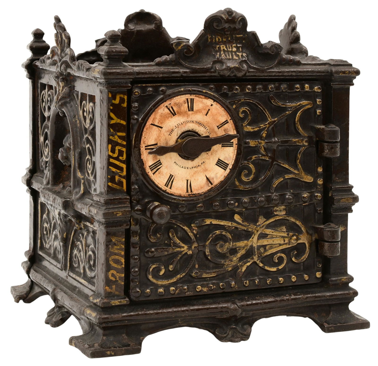 Cast Iron Fidelity Trust Vault by The J. Barton Smith Co.: Cast Iron Fidelity Trust Vault/Still Bank by The J. Barton Smith Co.circa 1890marked "The J. Barton Smith Co., Philadelphia, PA / Fidelity Trust Vaults"6 1/2 x 6 x 5 1/2 inches