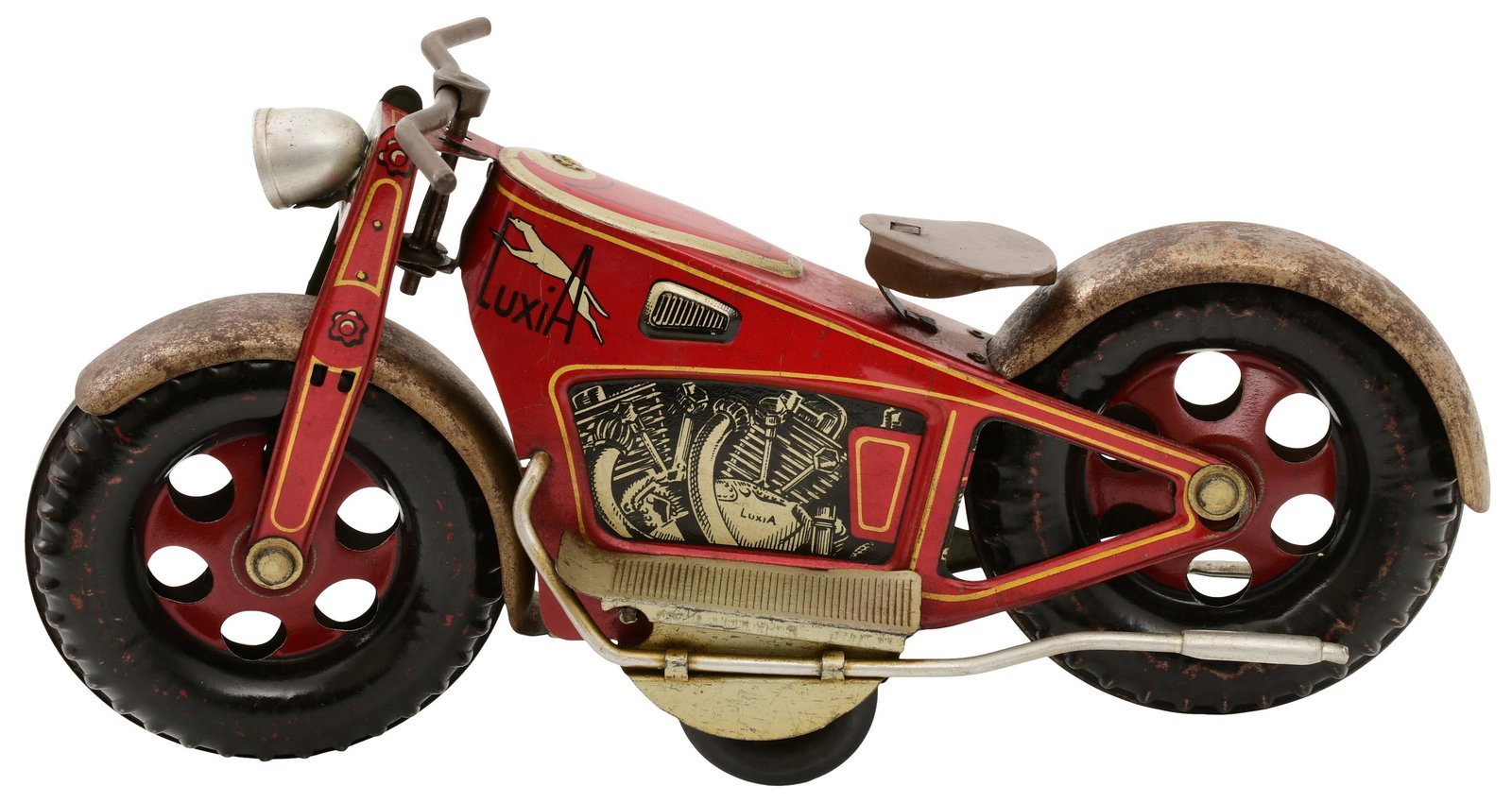 Luxia Tin Wind-Up Motorcycle Toy: Luxia Tin Wind-Up Motorcycle Toy20th centurymarked "Luxia"6 x 12 1/2 x 5 1/4 inches