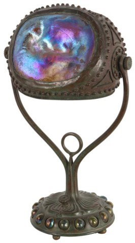 Tiffany Studios Turtleback Desk Lamp: Tiffany Studios Turtleback Desk Lamp. Fine bronze base with a leafy platform and art glass jewels around the edge. Two arms branch up and hold the bronze shade with beaded and rope twist borders and 2
