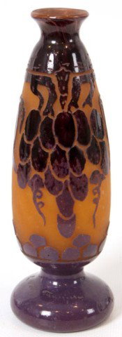 Charles Schneider Cameo Glass Vase: Charles Schneider Cameo Glass Vase. Purple and orange cameo vase with a teardrop body, a small flared rim and a bulbous foot, cut with a grape cluster pattern. No chips, breaks, or cracks, etched Fran
