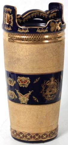 Cobalt & Gilt Decorated Umbrella Stand: Cobalt & Gilt Decorated Umbrella Stand. Large cobalt vase with gilt embellishment and heavy gold decoration throughout. 18 1/2in High.