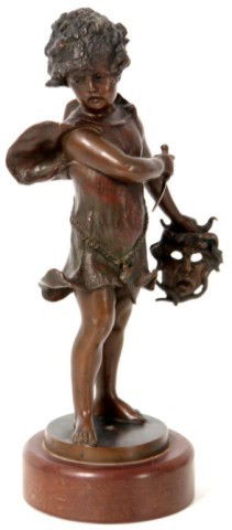German Figural Bronze Of Perceus: German Figural Bronze Of Perceus. The Young male figure of Perceus stands holding a dagger in one hand and the mask of Medusa in the other. Figure stands 7 1/4in High; has foundry mark on base. In exc