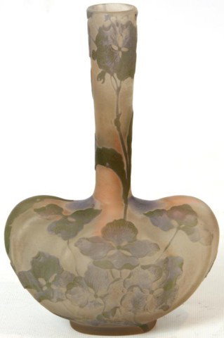 Galle Cameo Cut Iris Bud Vase: Galle Cameo Cut Iris Bud Vase. Bulbous kidney shaped base with a long trumpeted stem, cut with fine purple iris flowers and leaves running from the base through the top. 8in. High.