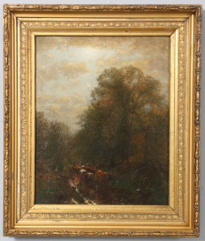 James Hart O/C Painting With Cows: James Hart O/C Painting With Cows. A late summer scene with a small group of cattle walking along a muddy path. In very good condition no repairs, touchups or losses. 20H x 15 1/2in.