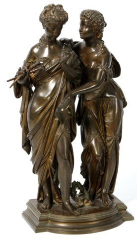 E. Aizelin Figural Bronze "Tiffany & Co.": Eugène Aizelin (1821-1902, France) Figural Bronze Music Lesson. Figural bronze grouping of a woman standing with a pair of flutes and her teacher standing beside her with sheet music. Signed E. Aizel